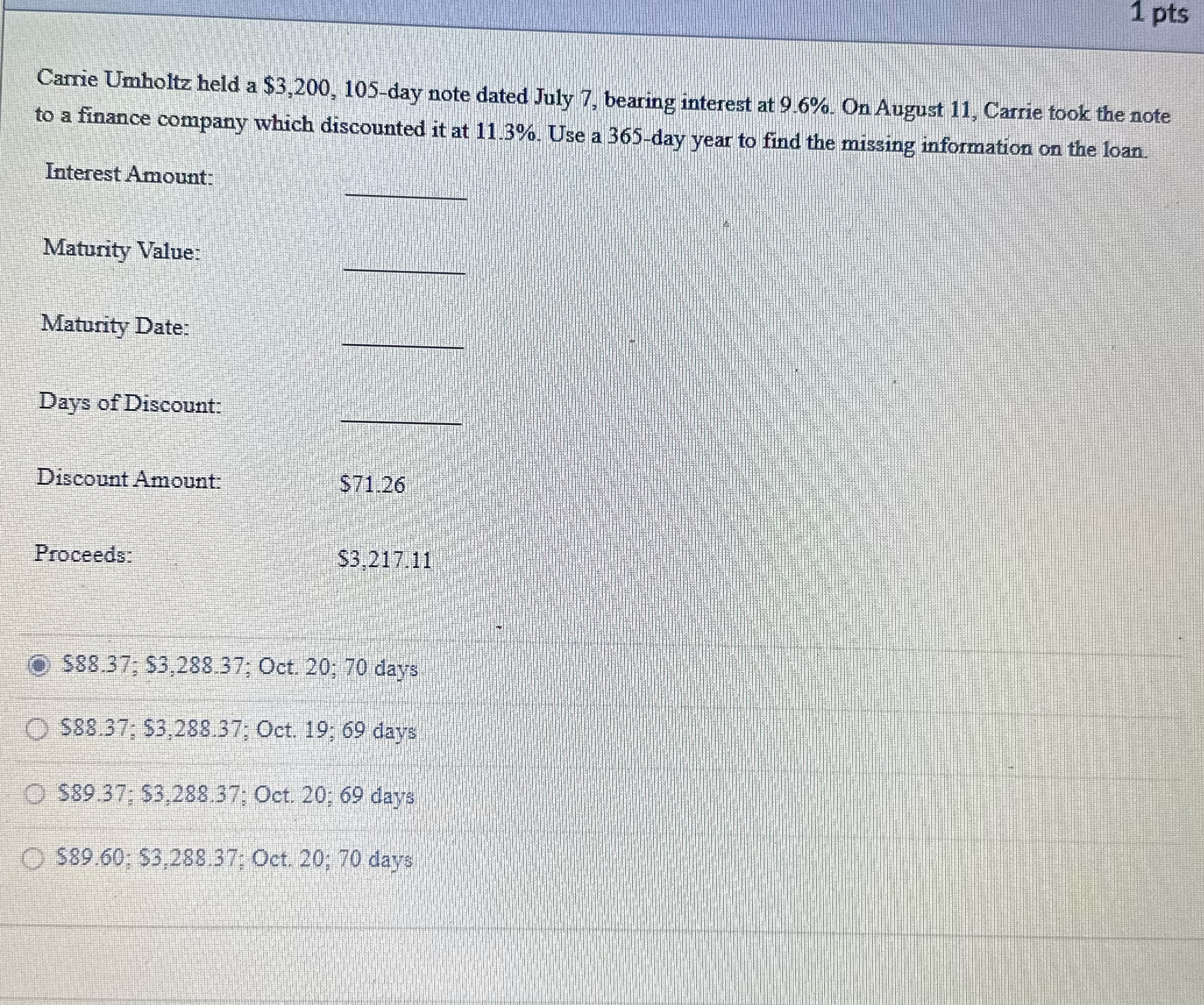 1 pts Carrie Umholtz held a $3,200, 105-day note