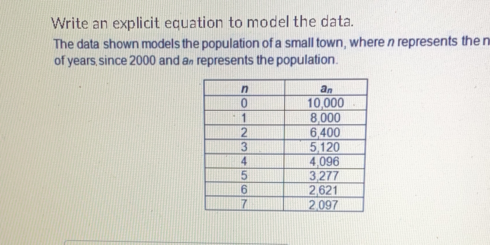 Write an explicit equation to model the data. The