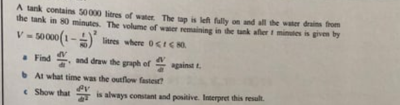 A tank contains 50 000 litres of water, The tap