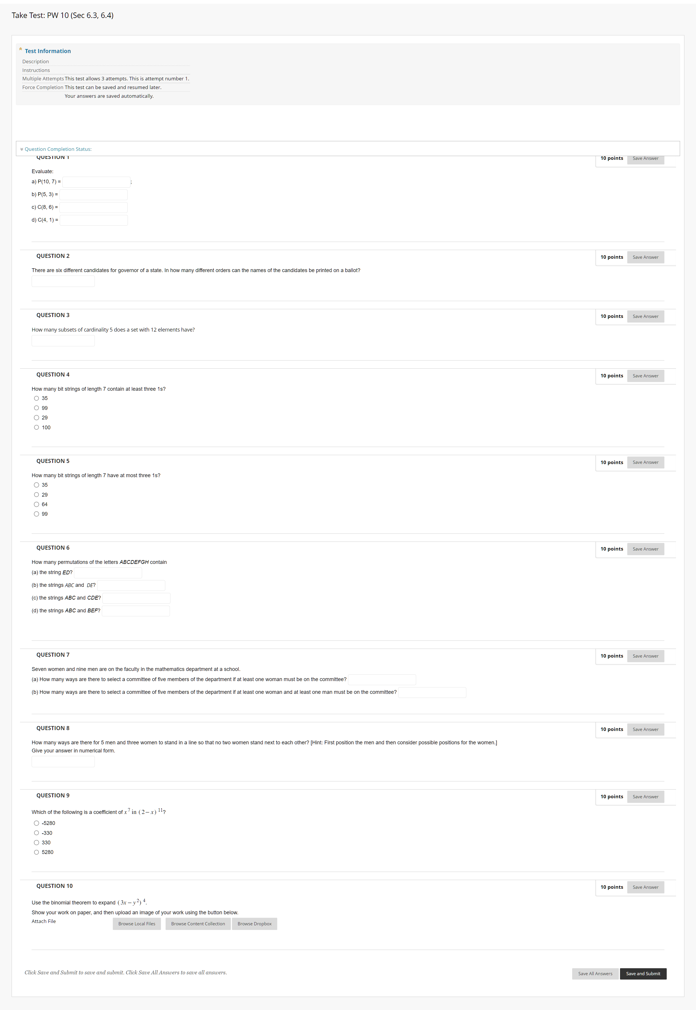 Take Test: PW 10 (Sec 6.3, 6.4) * Test
