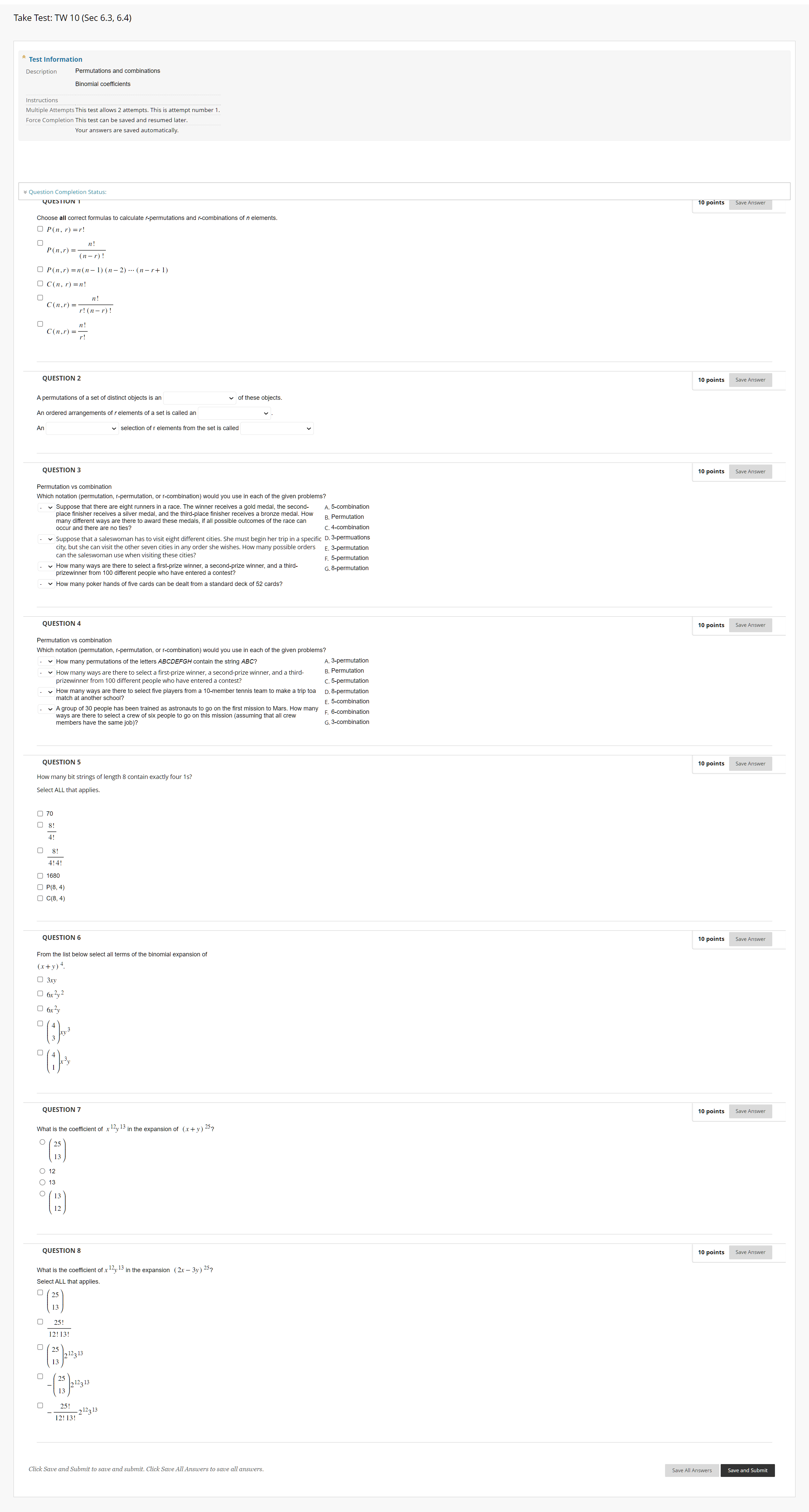 Take Test: PW 10 (Sec 6.3, 6.4) * Test