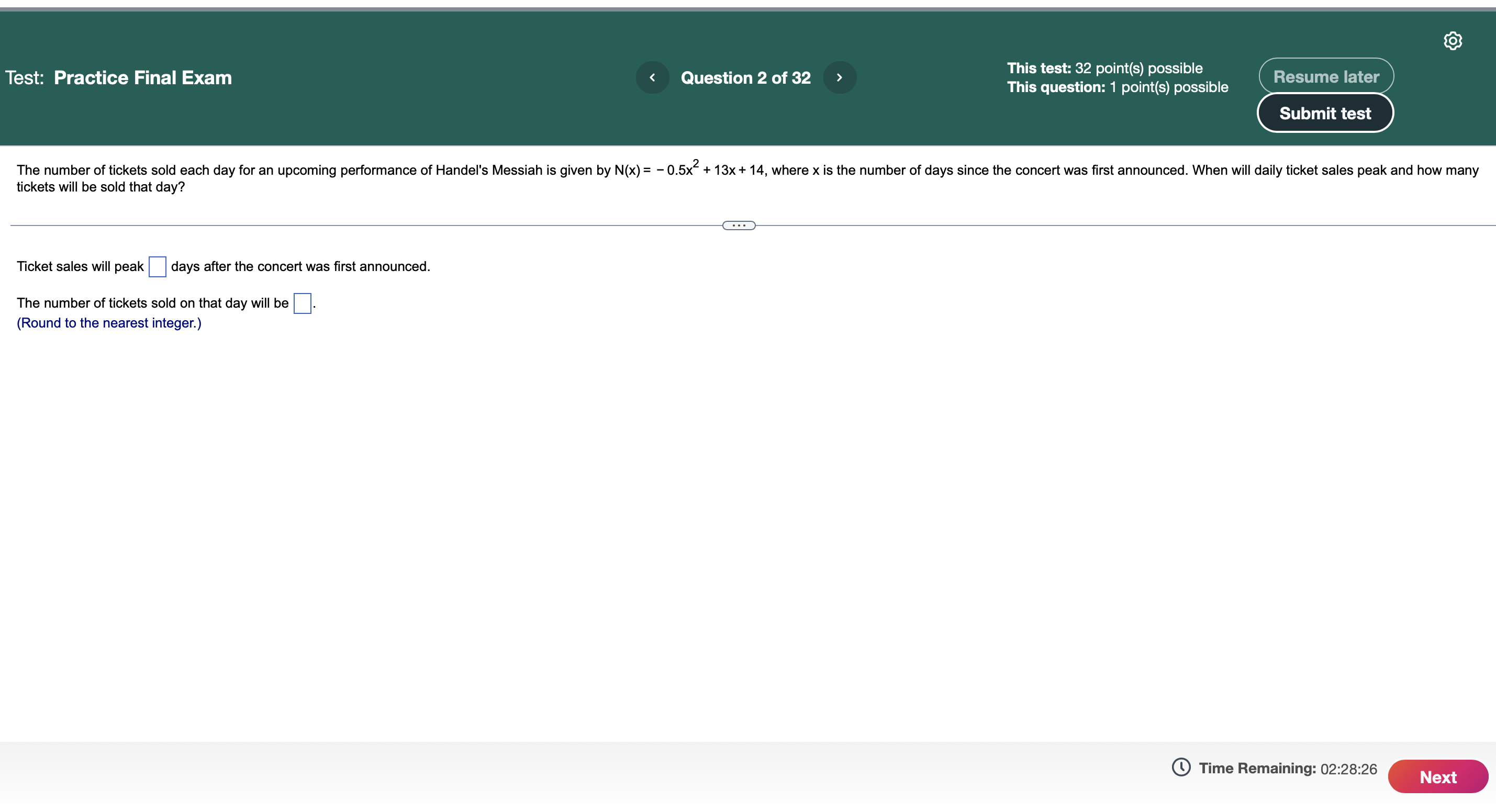 Test: Practice Final Exam < Question 2 of 32 This