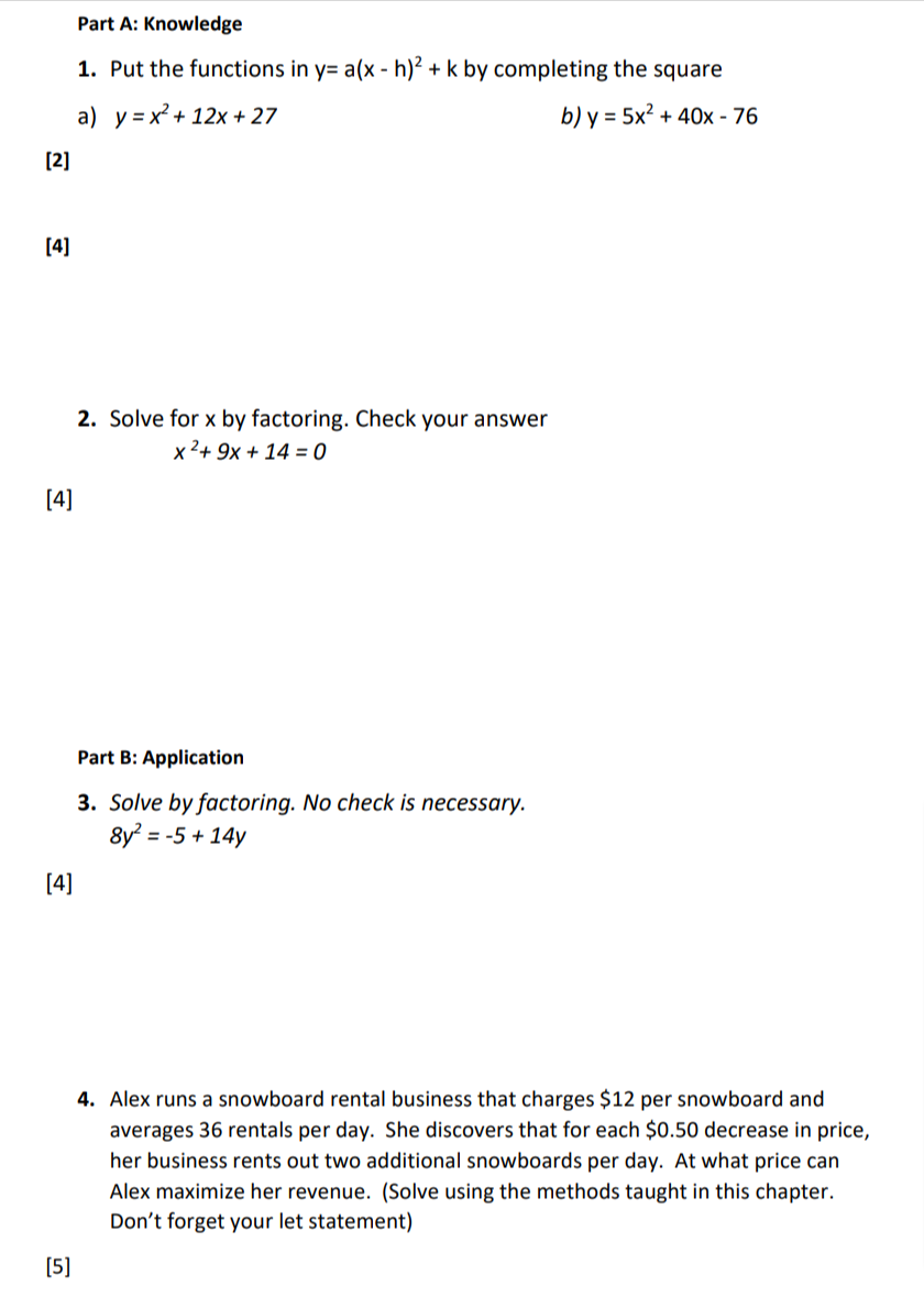 Part A: Knowledge 1. Put the functions in y= a(x