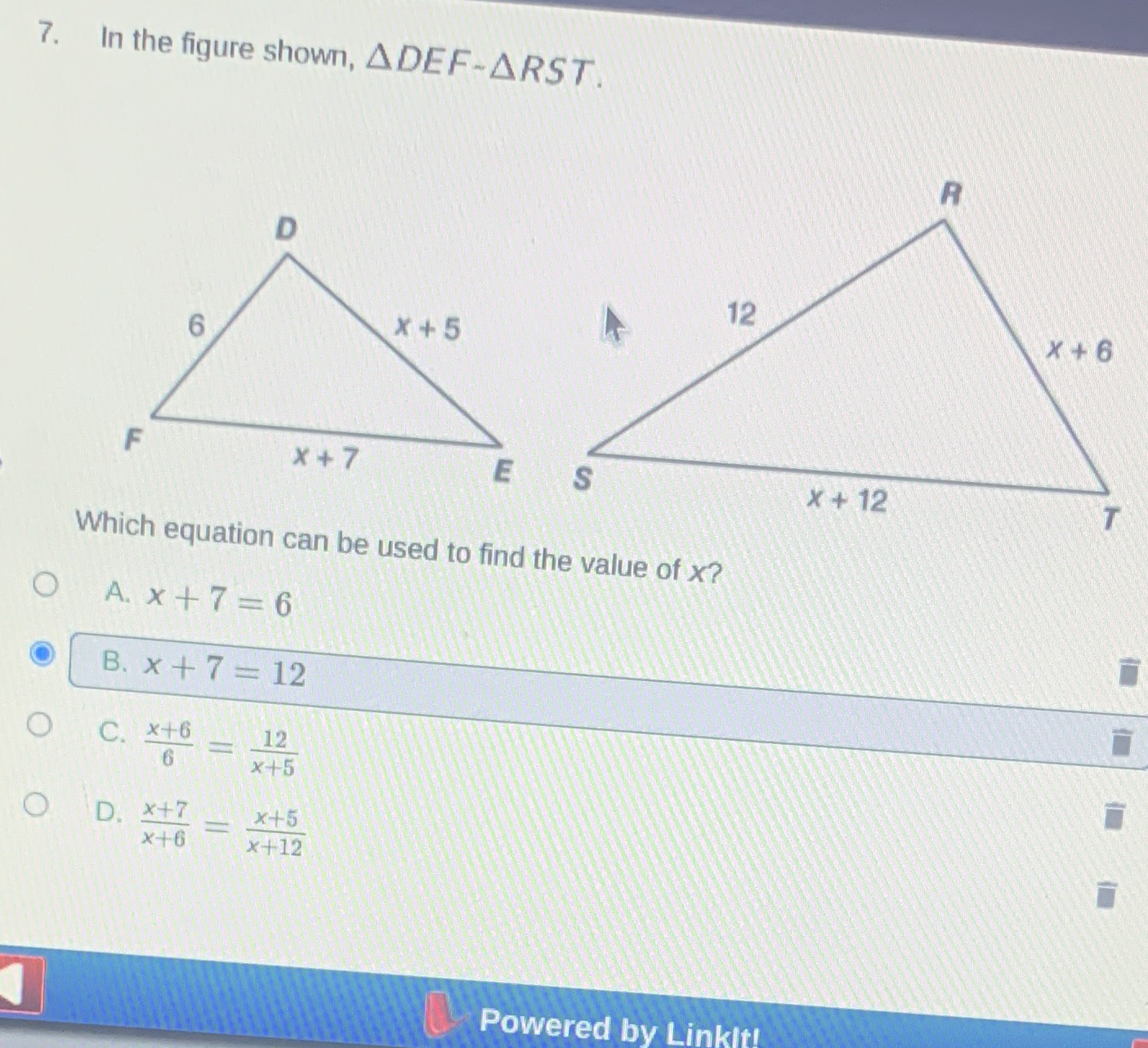 7. In the figure shown, ADEF-ARST. R D 12 6 X +5