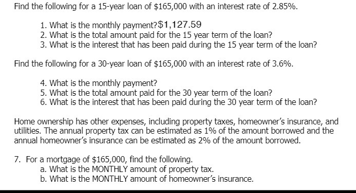Find the following for a 15year loan of $165,000