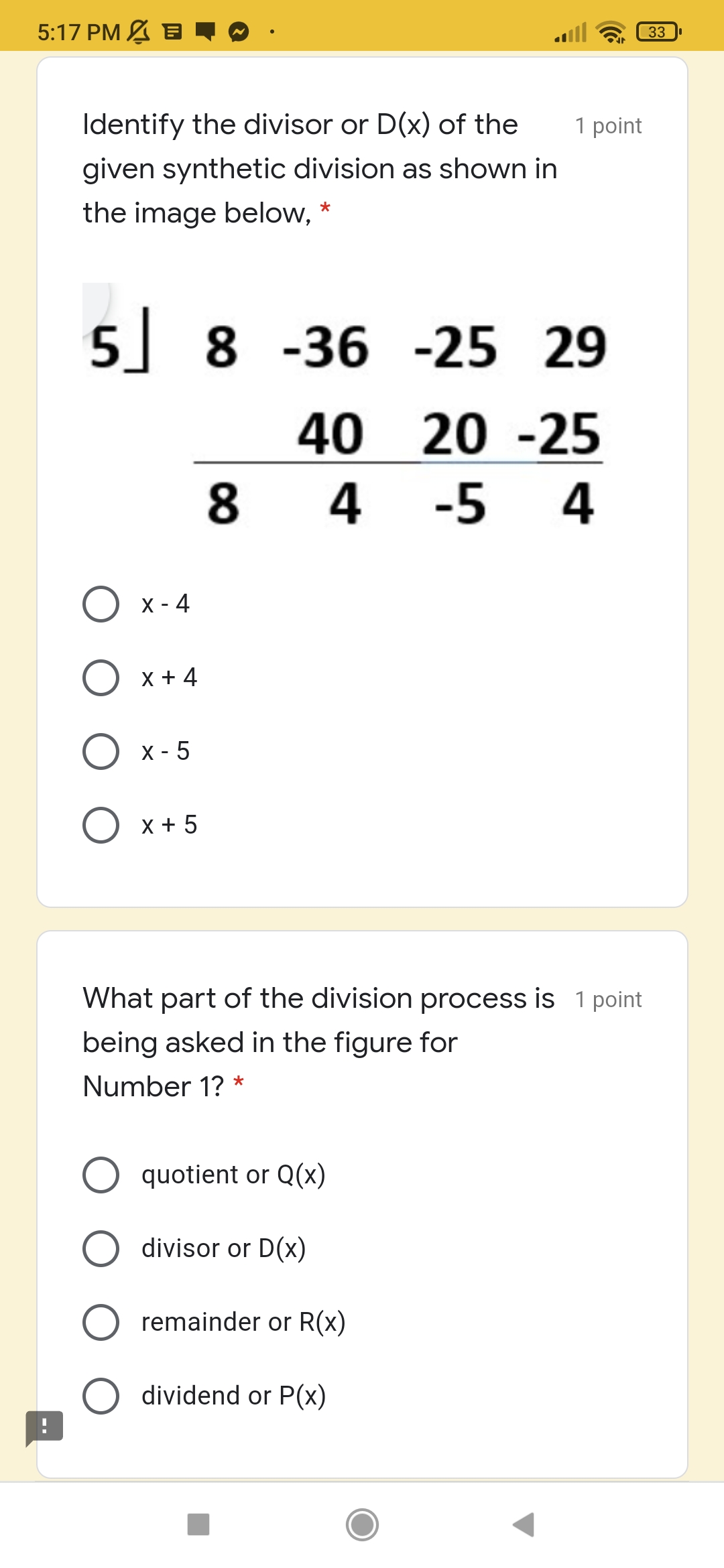Identify the divisor or D(x) of the 1 point given