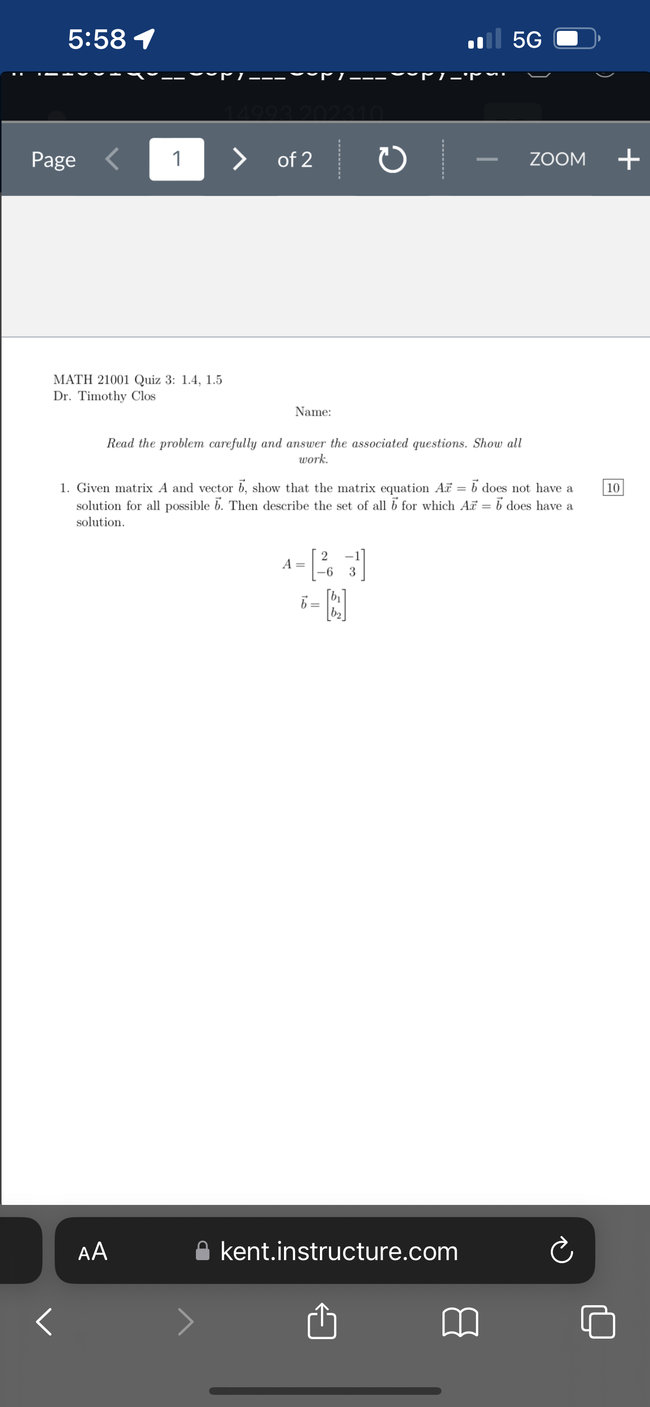 5:58 1 5G Page 1 of 2 O - ZOOM + MATH 21001 Quiz