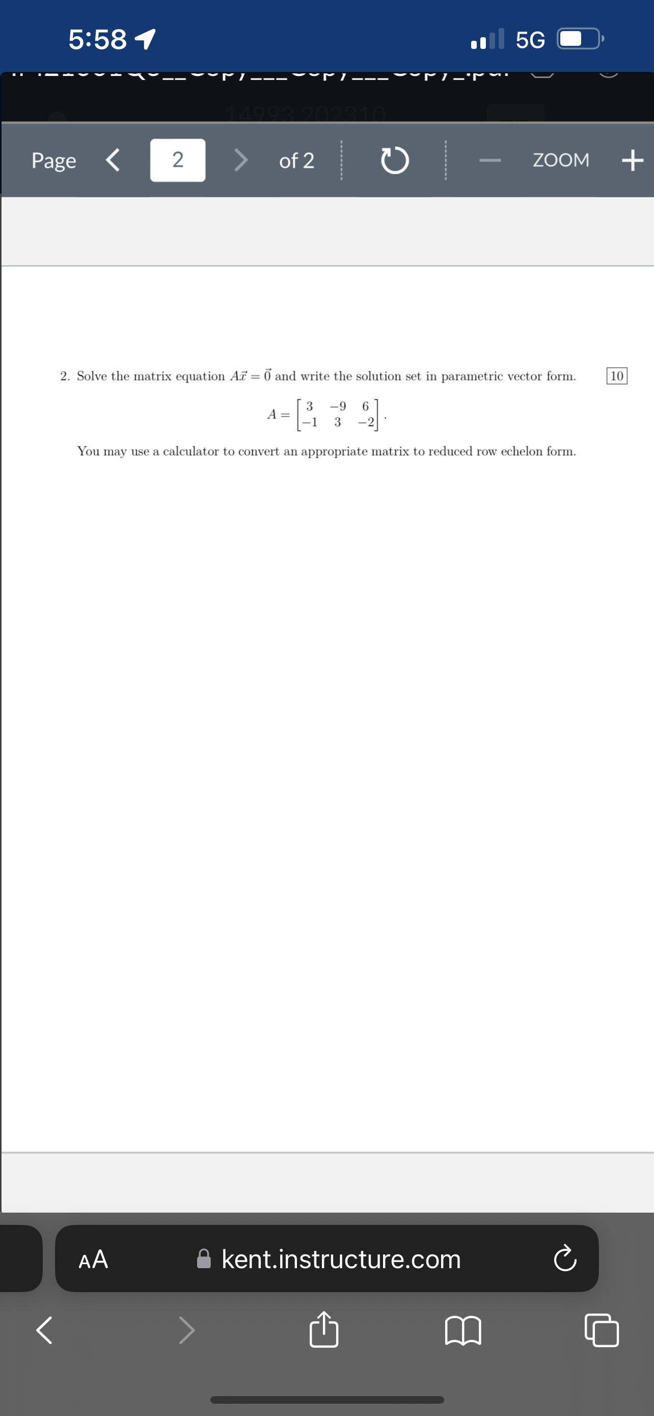 5:58 1 5G Page 1 of 2 O - ZOOM + MATH 21001 Quiz