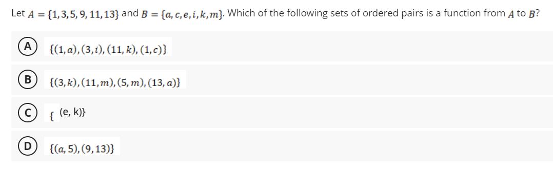 Let A ={1,3,5,9,11, 13} and a = {(1, c'e't'k'm}.
