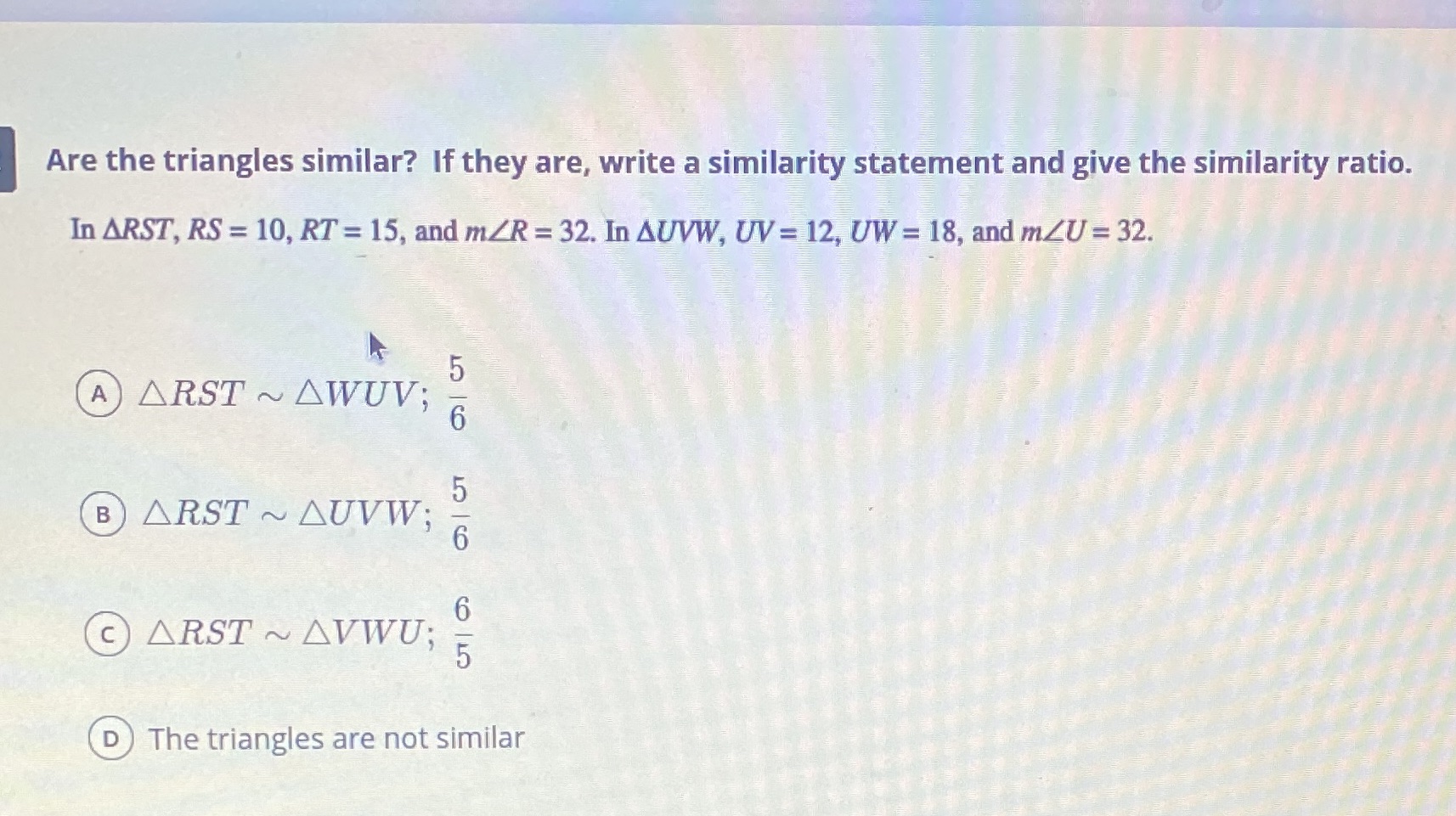 Are the triangles similar? If they are, write a