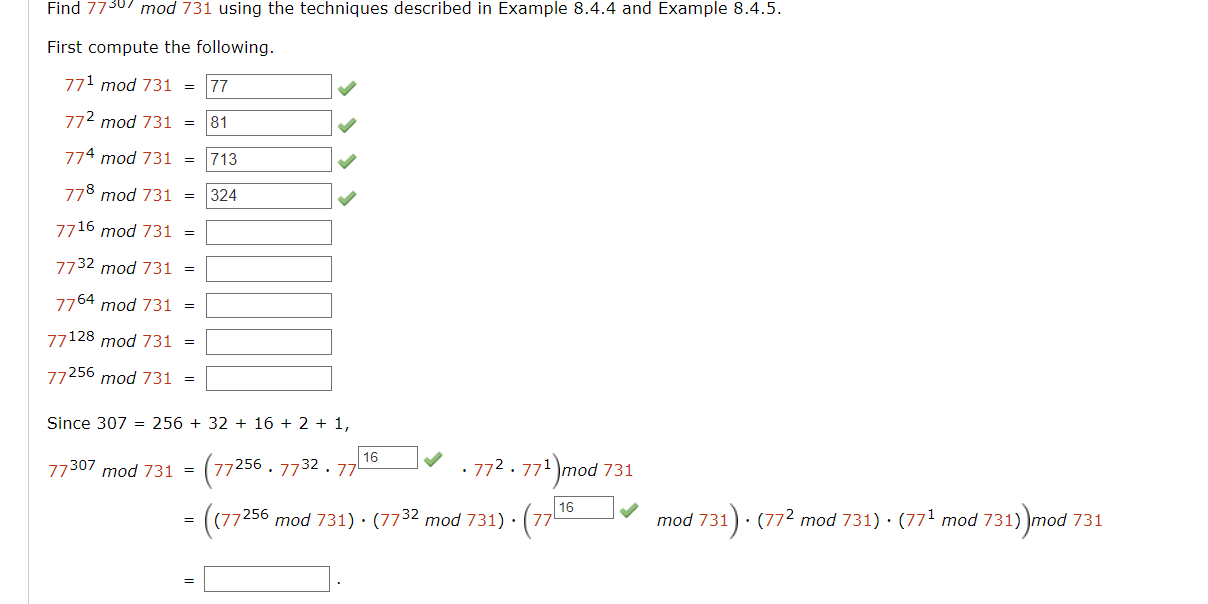 Find 773/ mod 731 using the techniques described