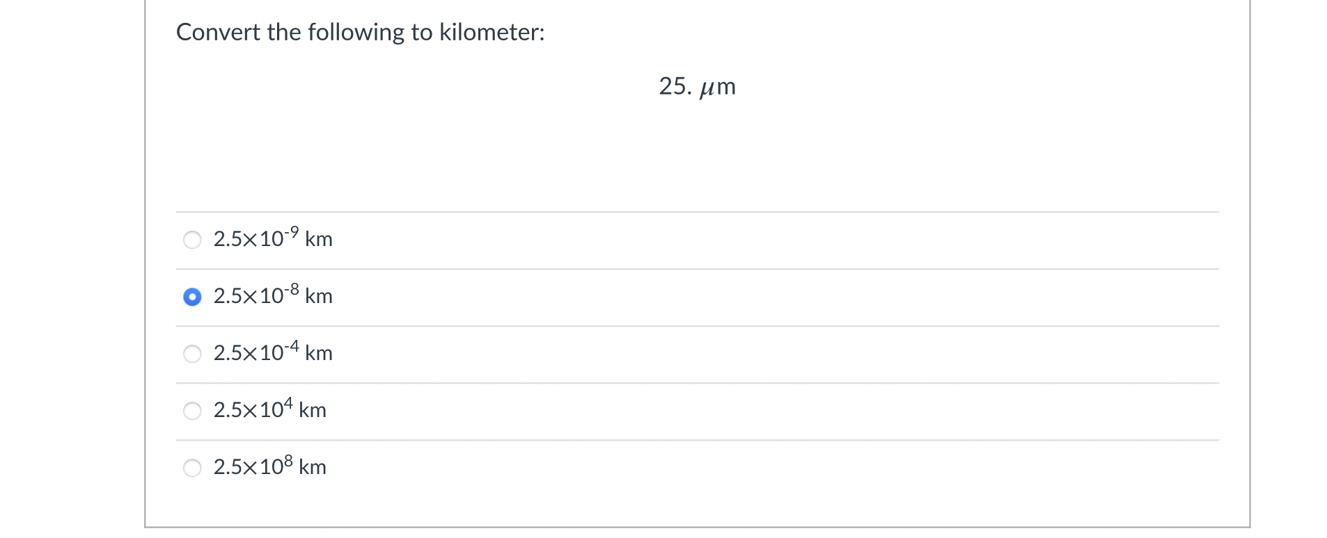 \fConvert the following to kilometer: 25. ,um 5