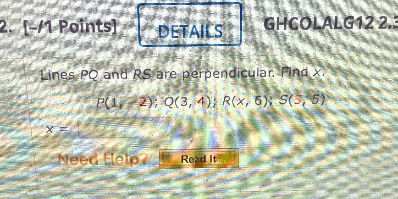 Lines PQ and RS are perpendicular. Find x.