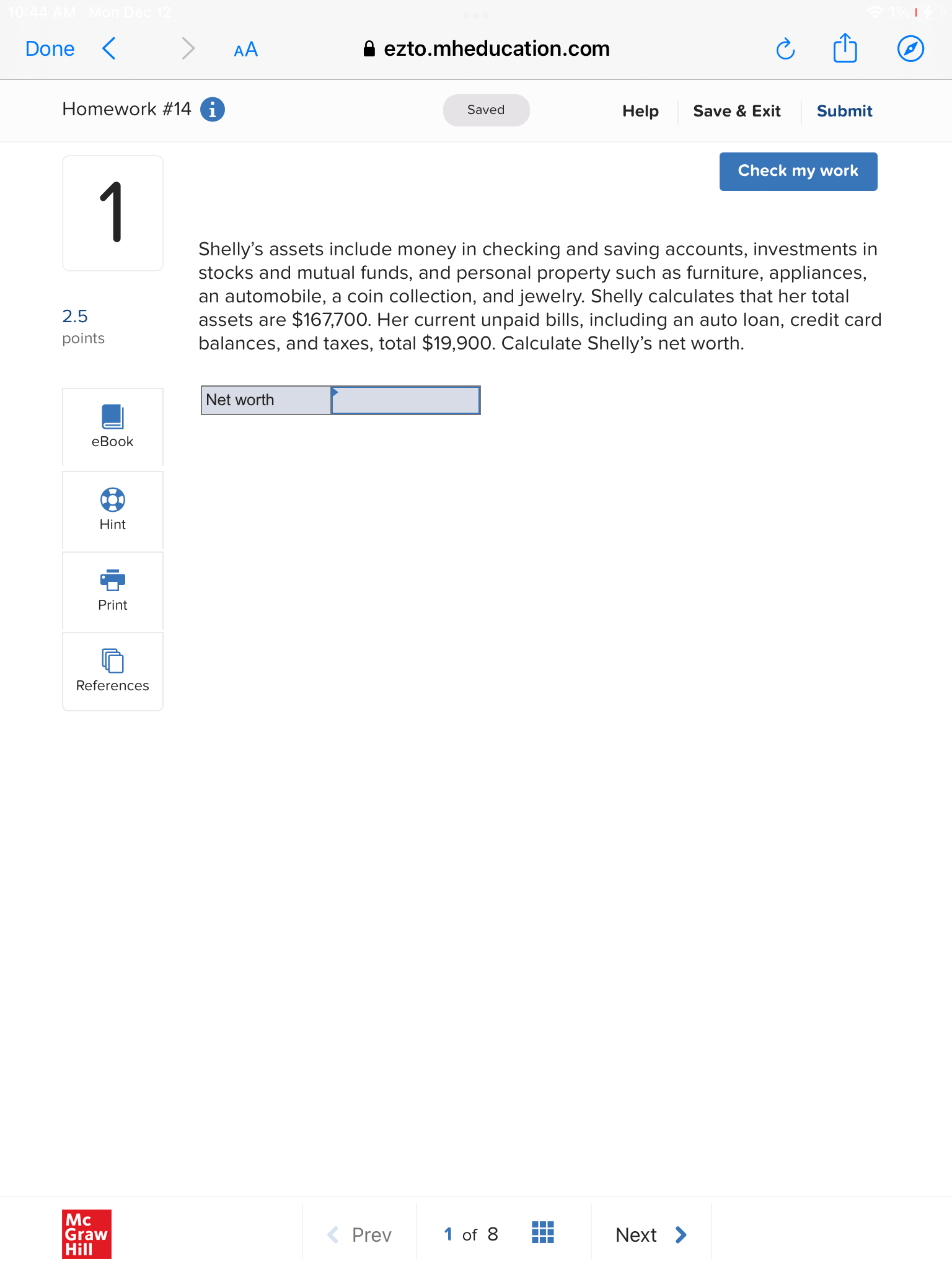 Done < AA ezto.mheducation.com 0 ] Homework #14 0