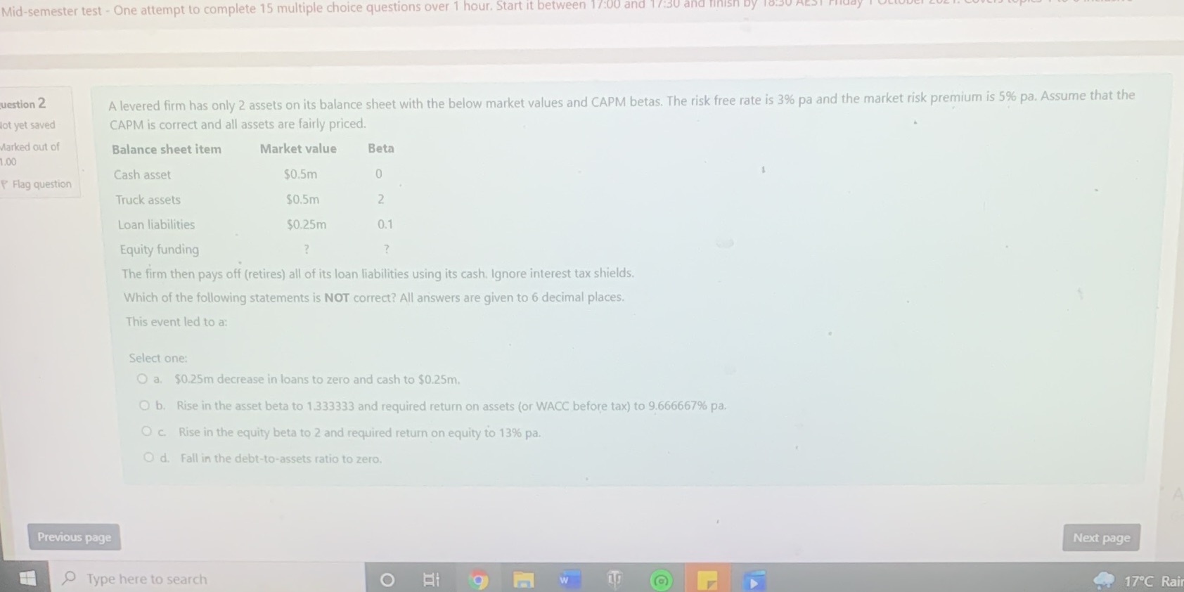 university finance Mid-semester test - One