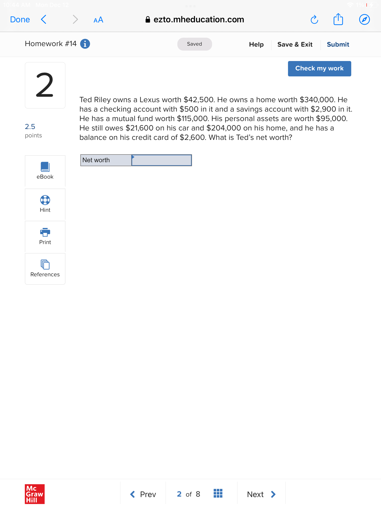 Done < AA ezto.mheducation.com 0 ] Homework #14 0