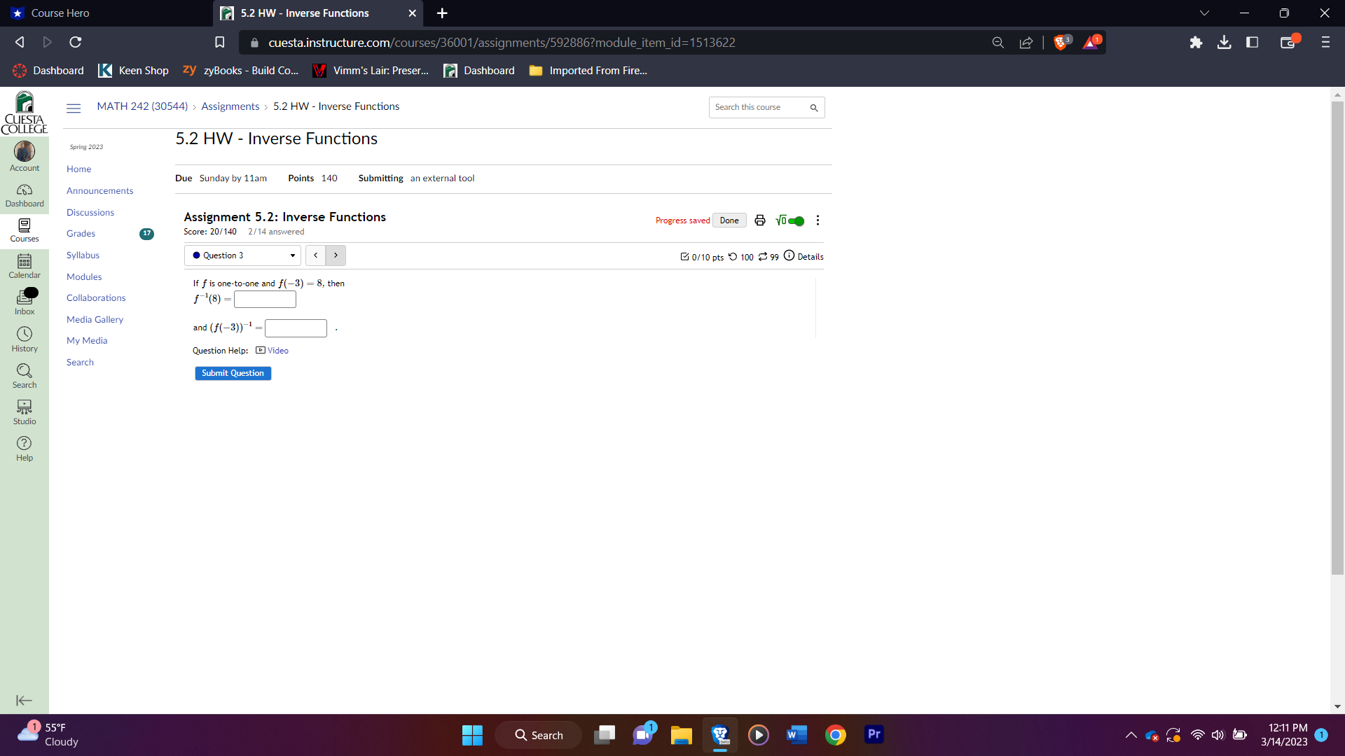Course Hero 5.2 HW - Inverse Functions O X D C