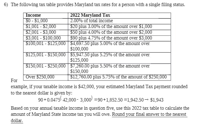 6) The following tax table provides Maryland tax