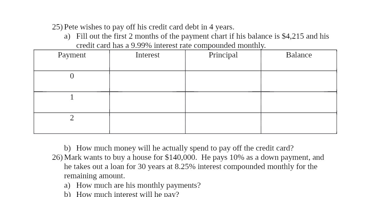 25) Pete wishes to pay off his credit card debt