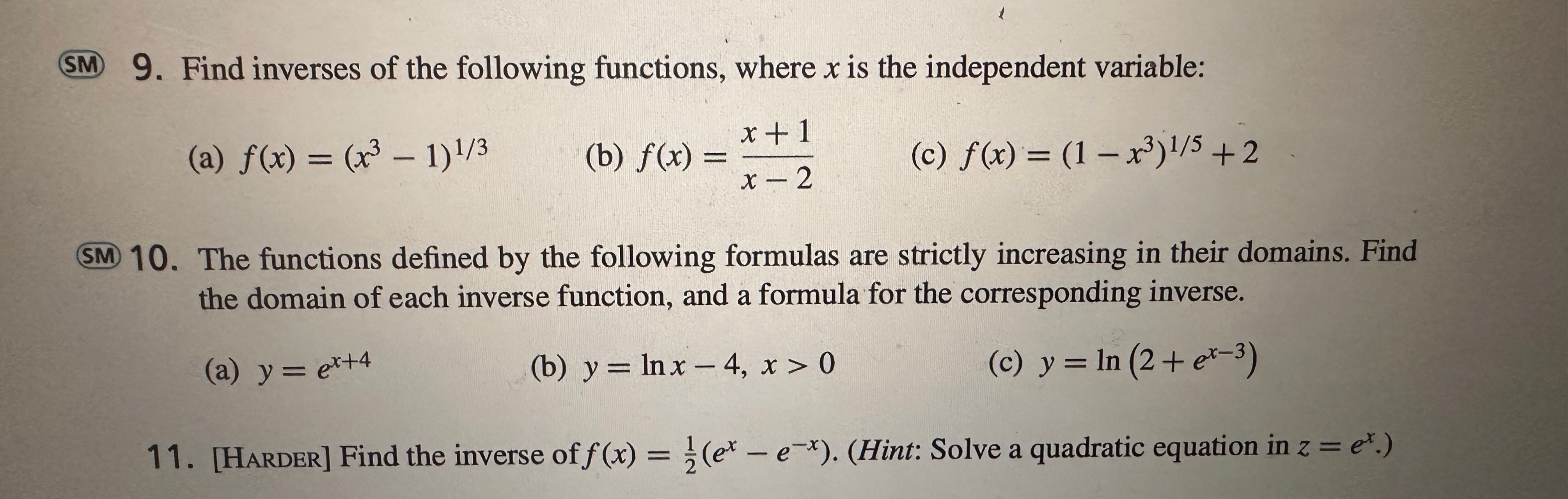 SM 9. Find inverses of the following functions,