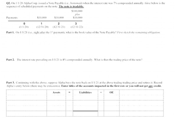 Q2. On 1/1 20 Alpha Corp. issued a Note Payable