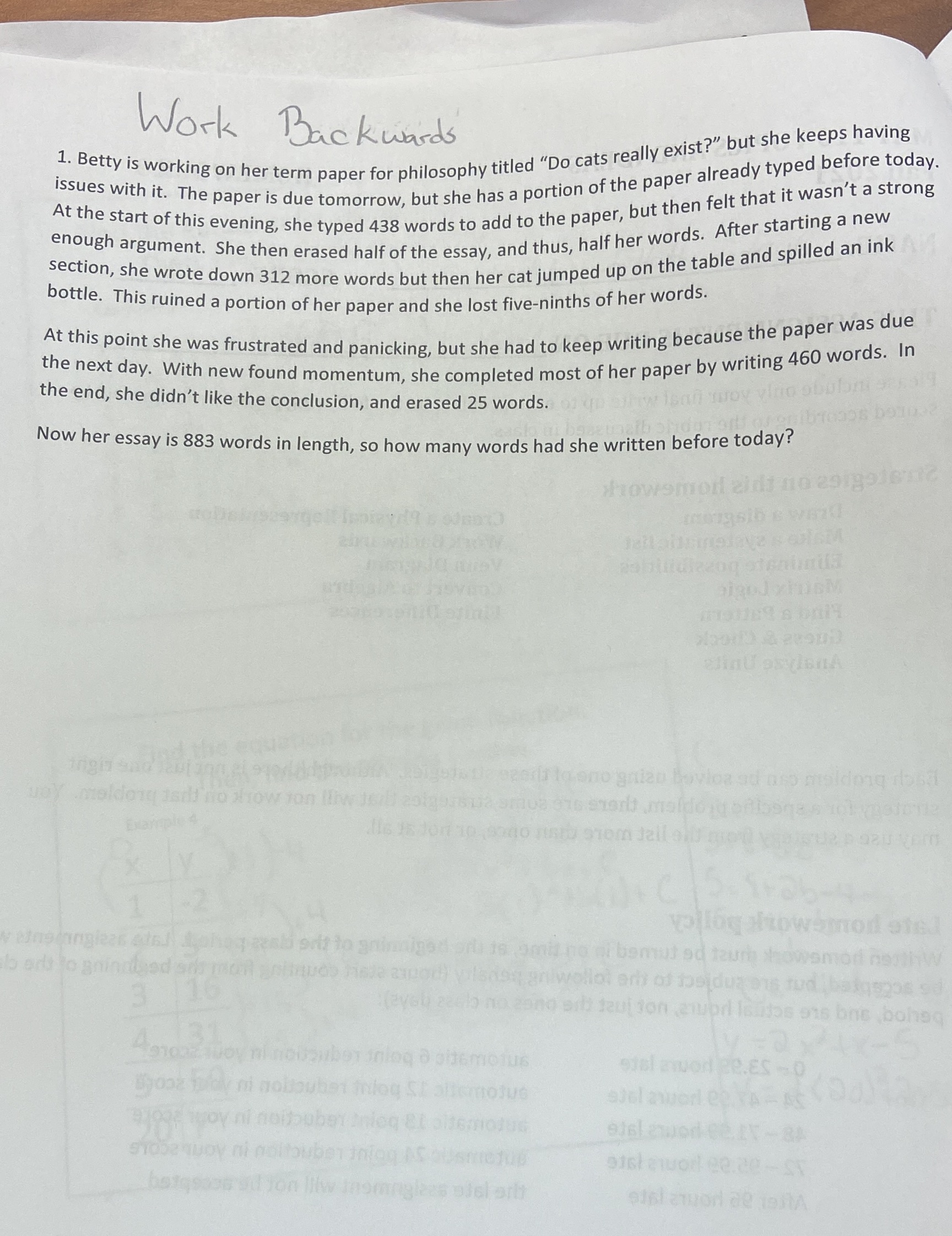 Work Backwards 1. Betty is working on her term