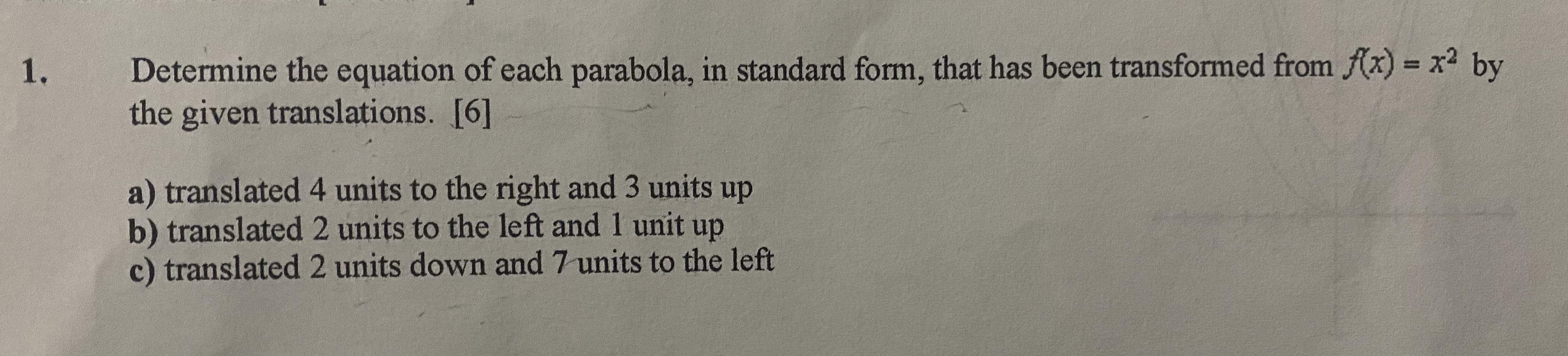 1. Determine the equation of each parabola, in