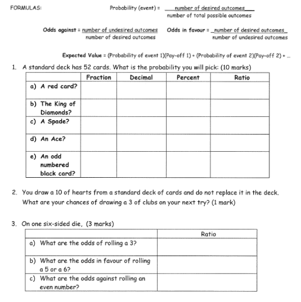 FORMULAS: Probability (event) = number of desired