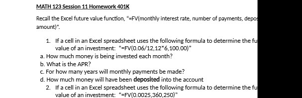 MATH 123 Session 11 Homework 401K Recall the