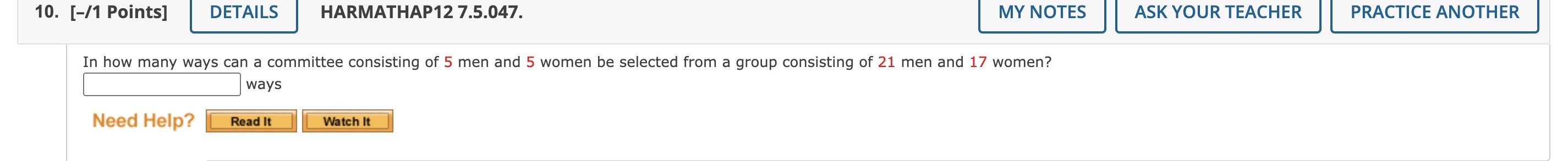 10. [-/1 Points] DETAILS HARMATHAP12 7.5.047. MY