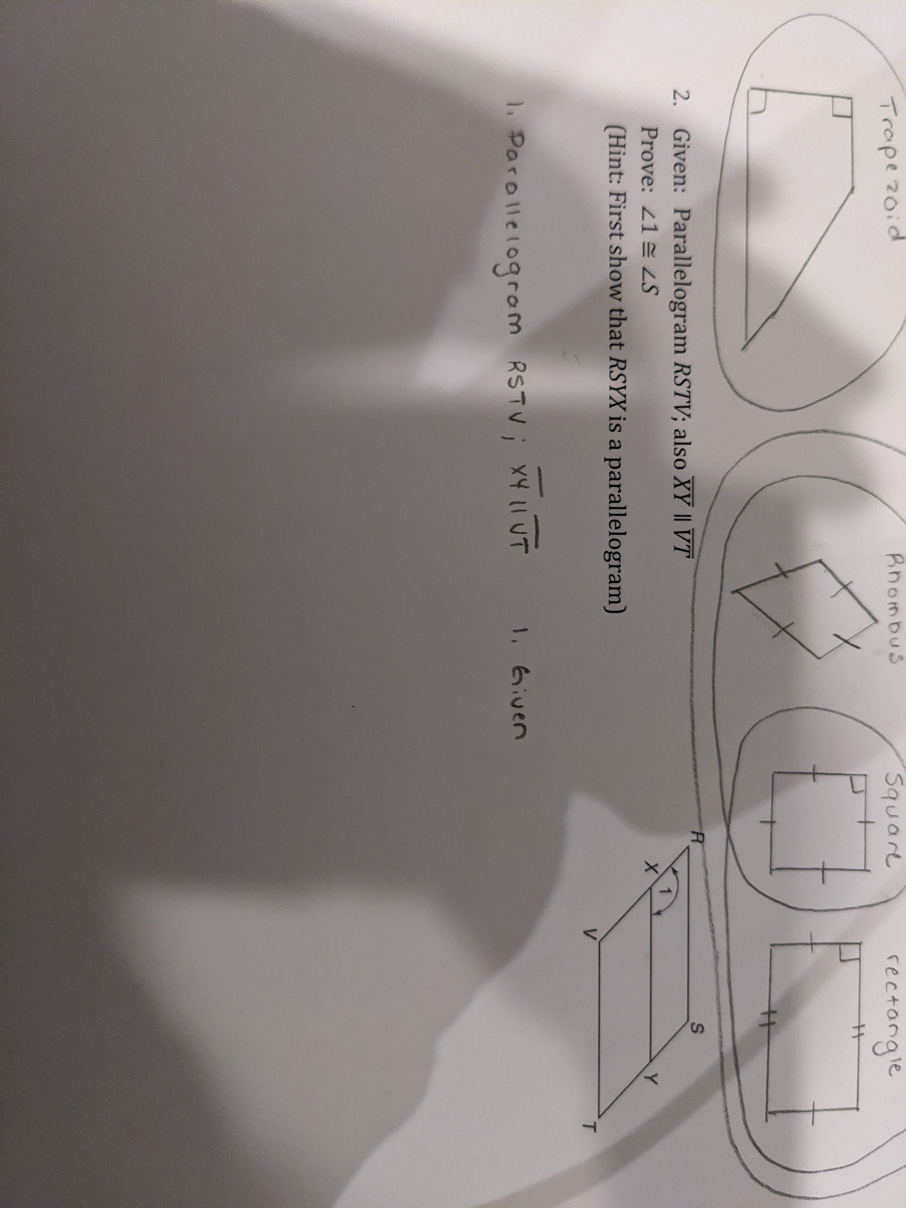 Given parallelogram RSTV; XY and VT are parallel