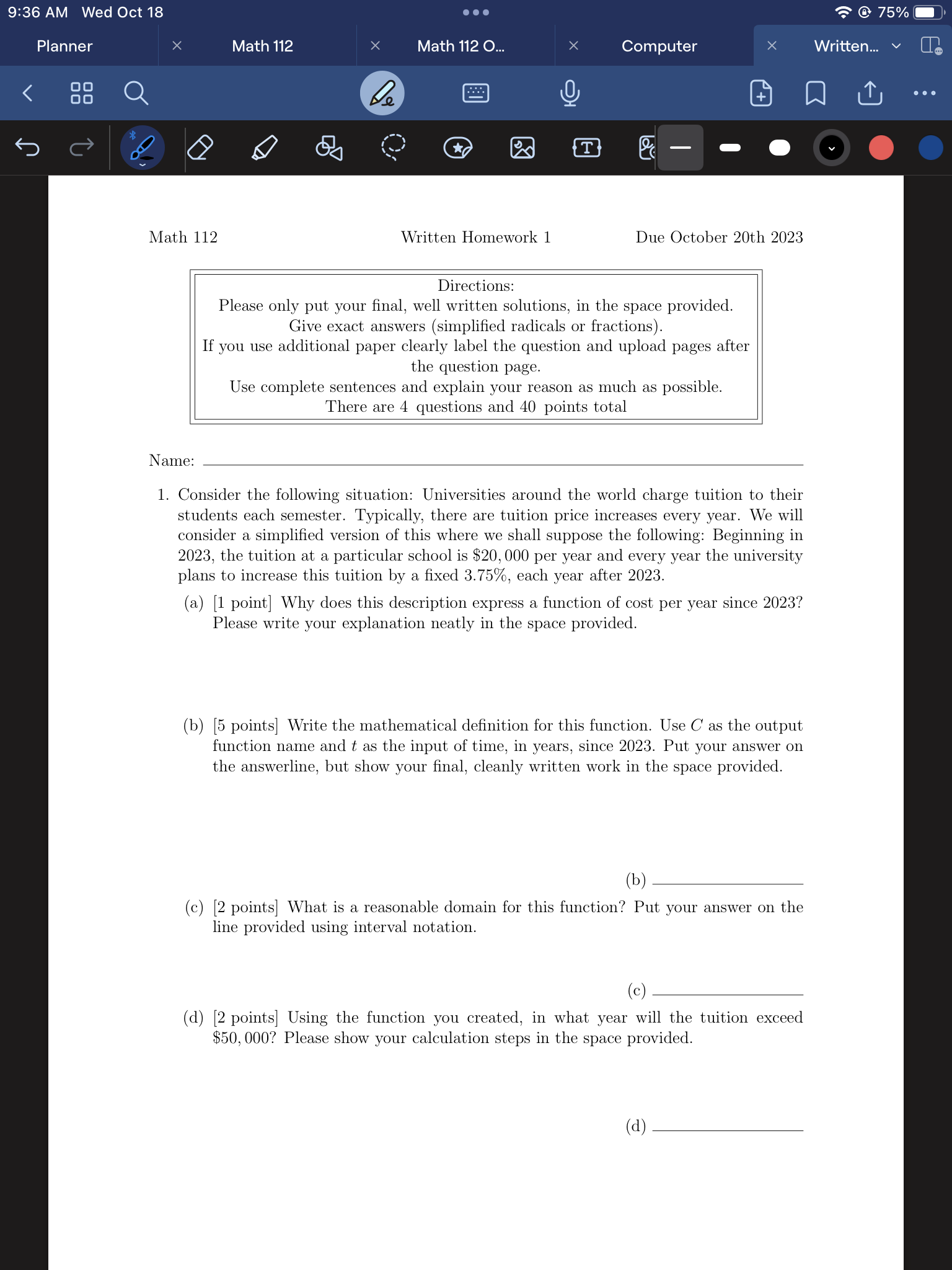 9:36 AM Wed Oct 18 .. . @ 75% O Planner X Math