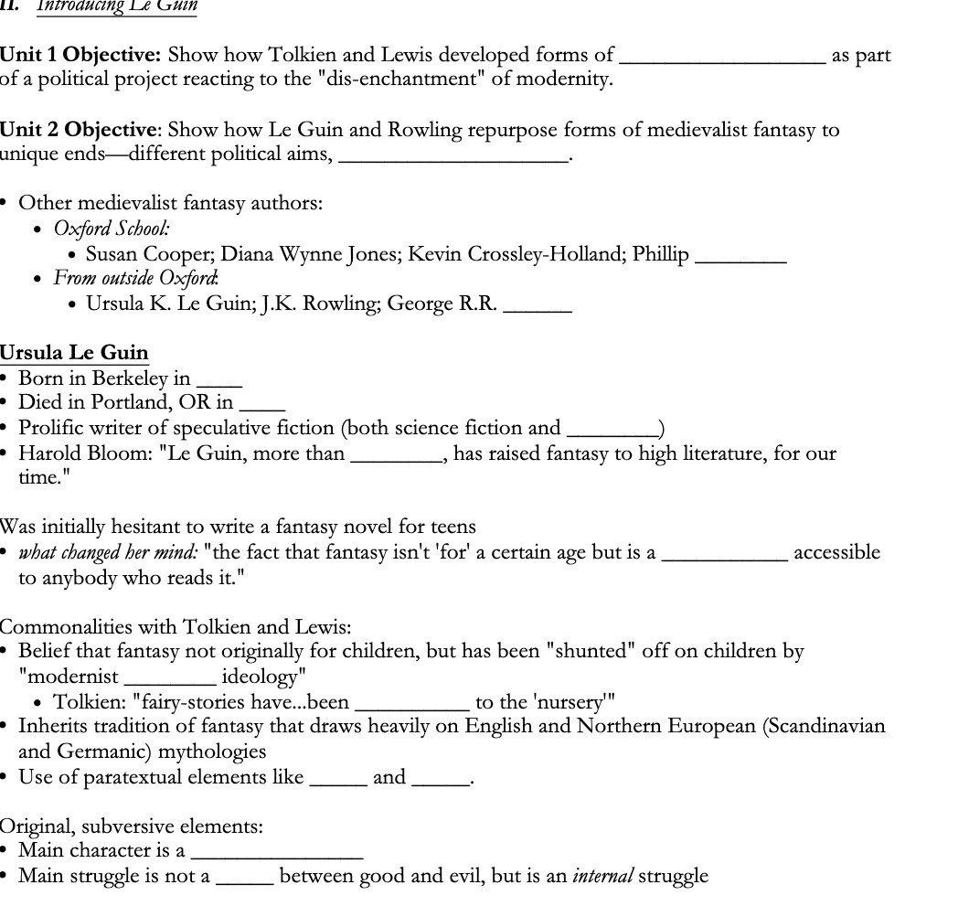 Introducing Le Guin Unit 1 Objective: Show how