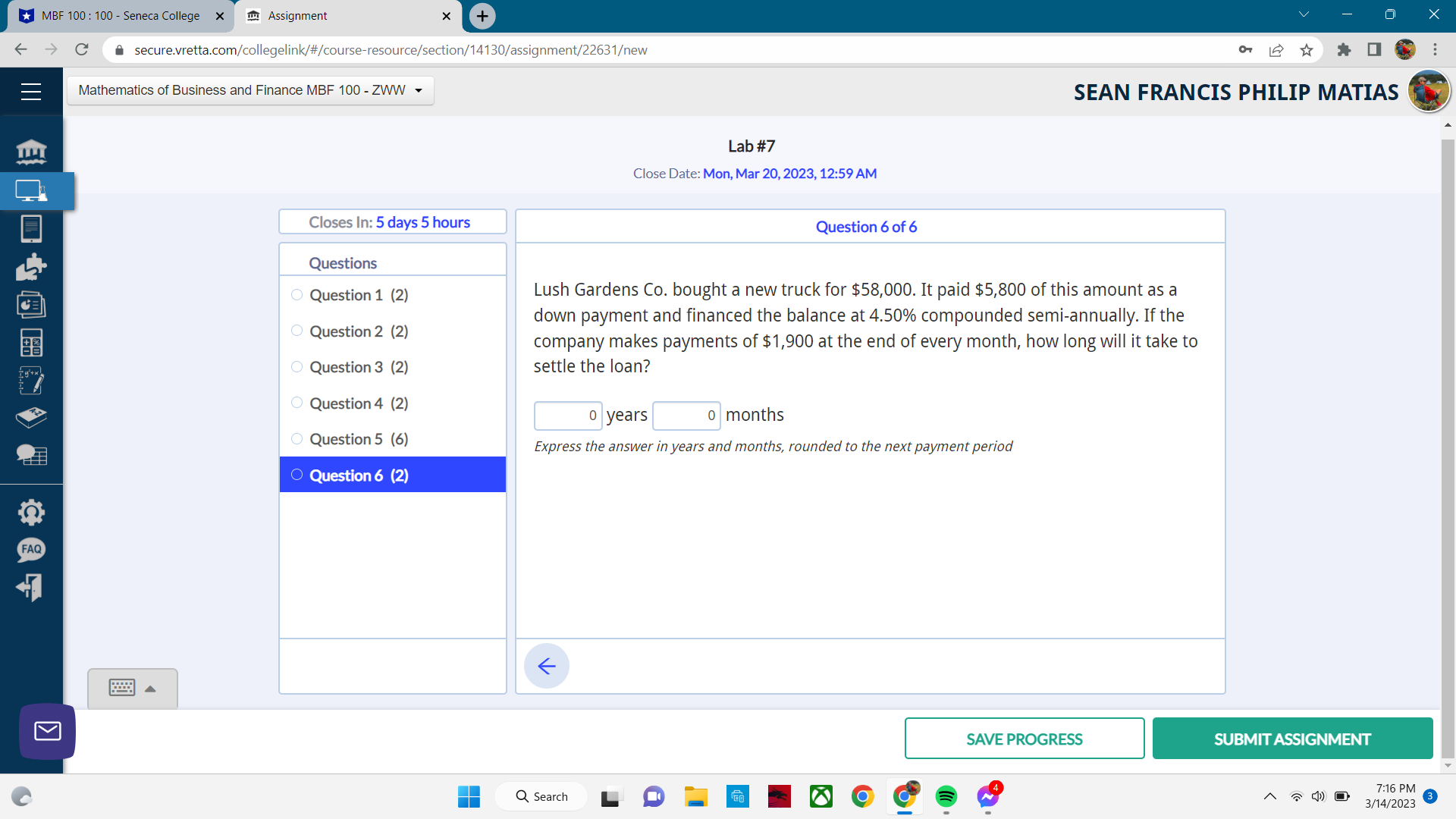 MBF 100 : 100 - Seneca College X TH Assignment X