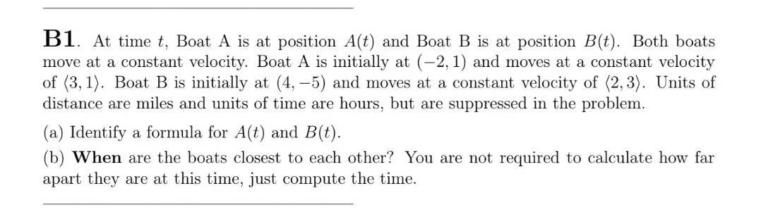 B1. At time , Boat A is at position A(t) and Boat