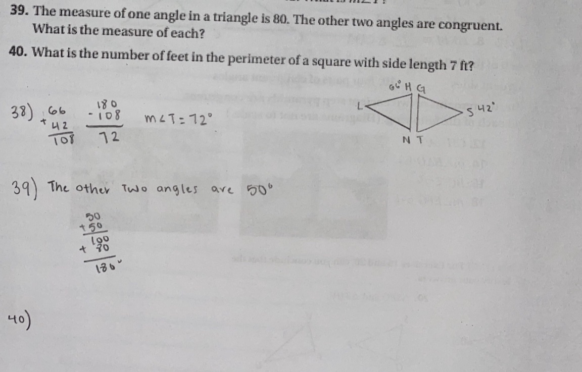 39. The measure of one angle in a triangle is 80.