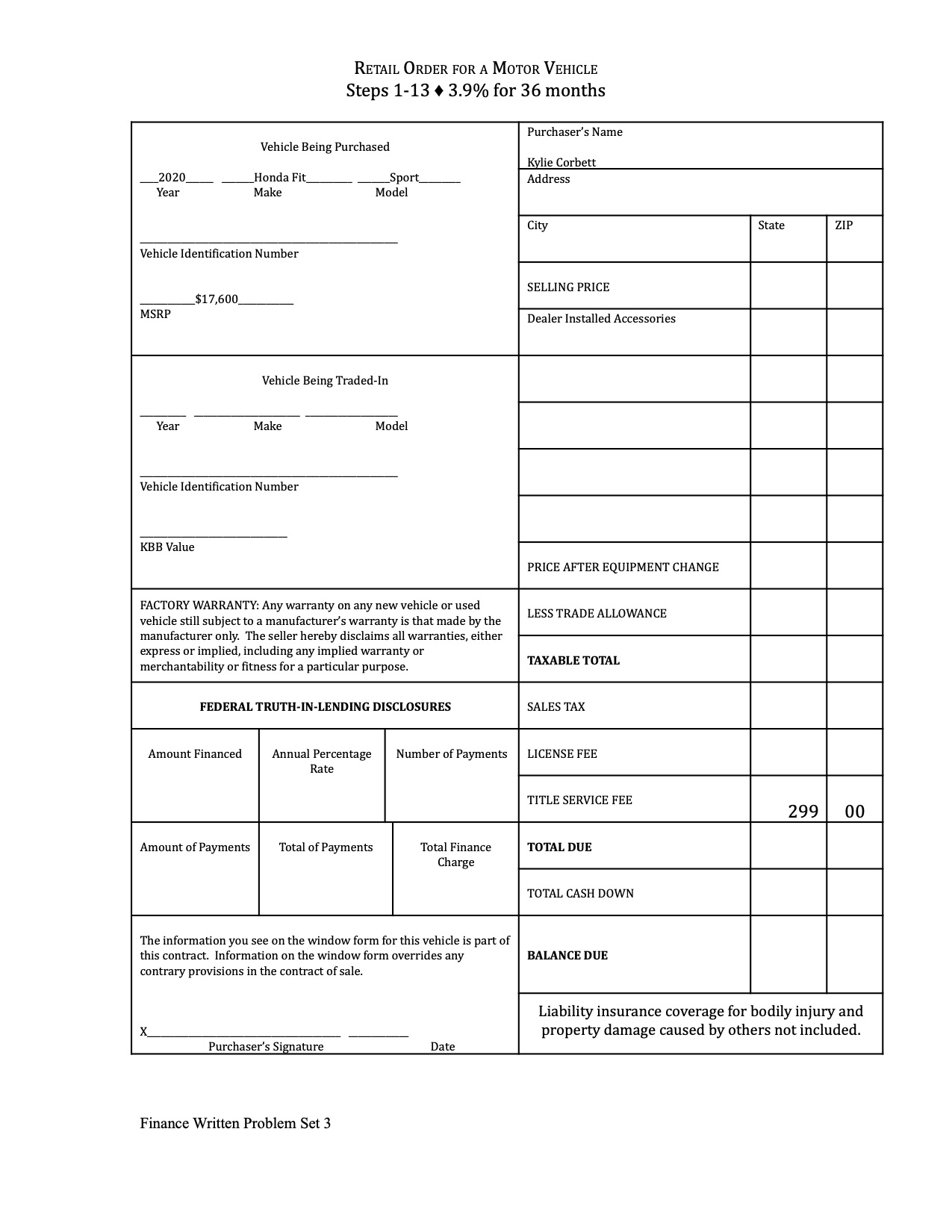 RETAIL ORDER FOR A MOTOR VEHICLE Steps 1-13 *
