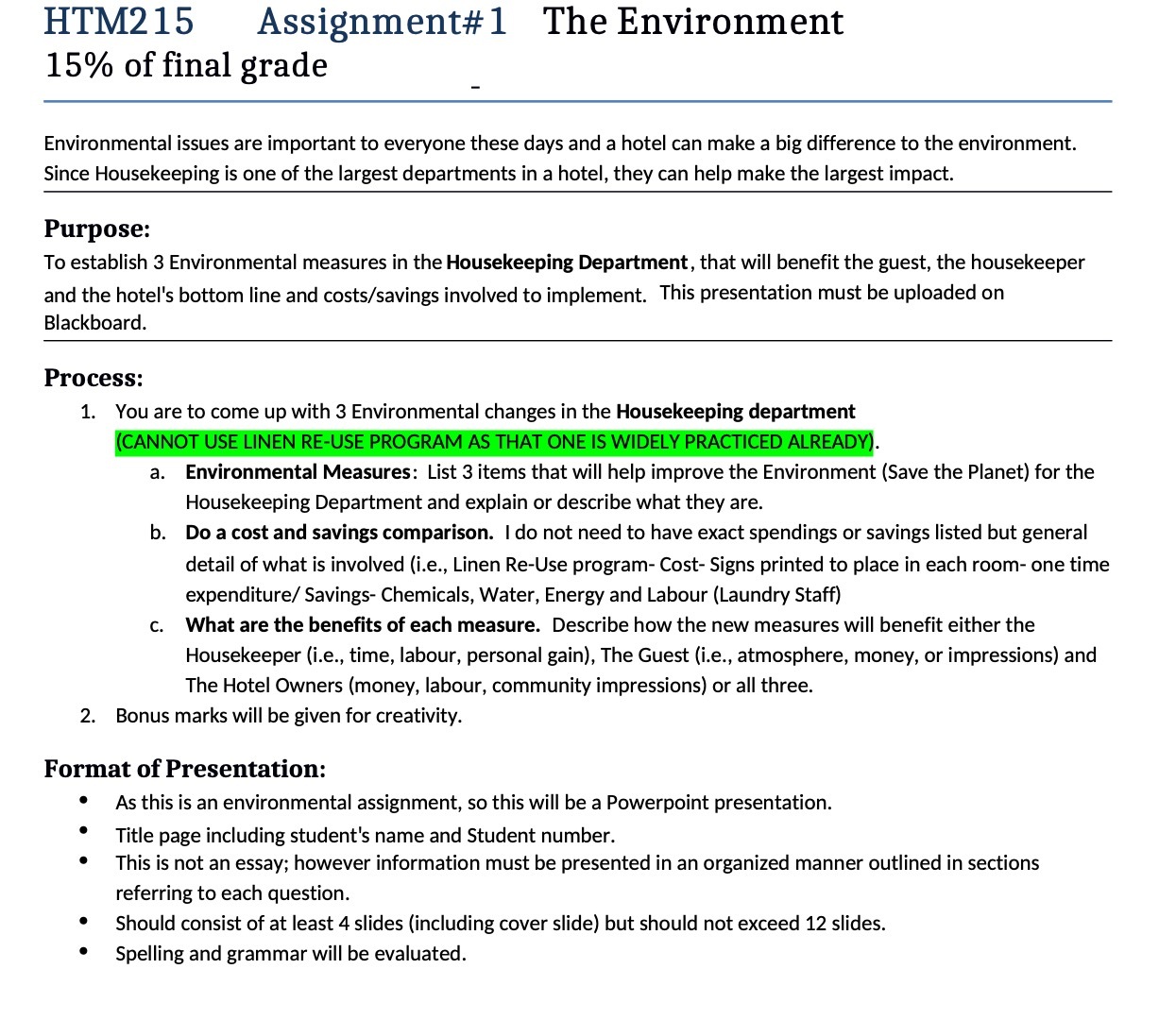 HTM2 15 Assignment# 1 The Environment 15% of