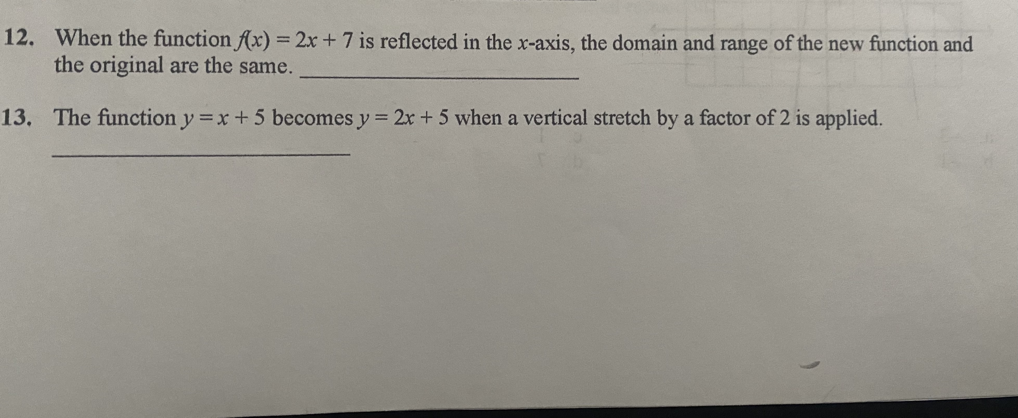 12. When the function f(x) = 2x + 7 is reflected