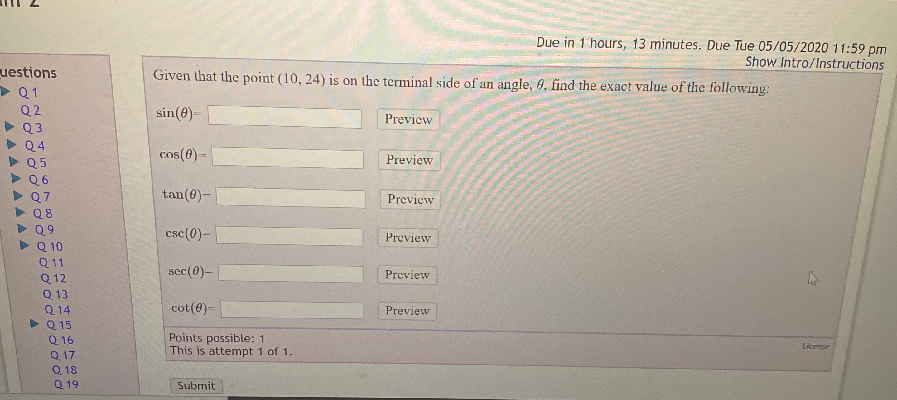 Given the point (10,24) Due in 1 hours, 13