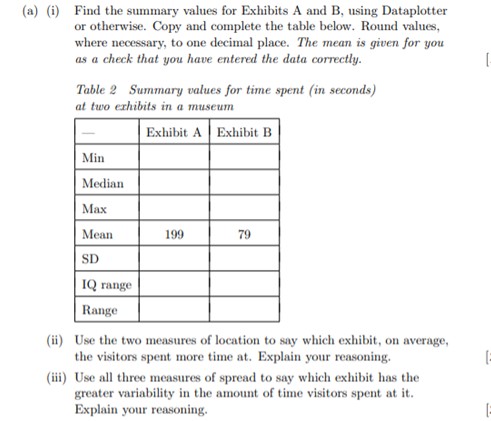 MU123 Maths Questions (a) (i) Find the summary