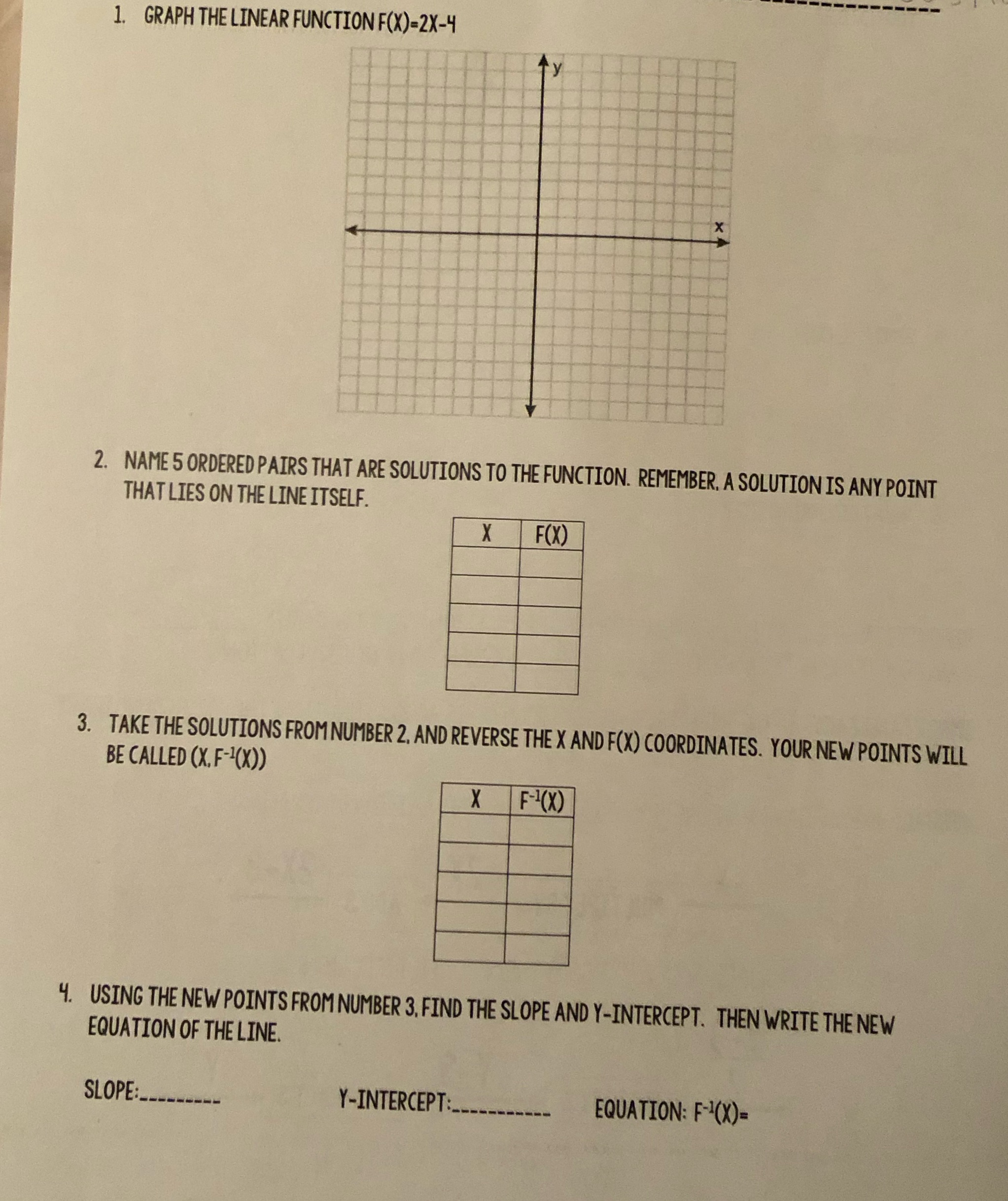 1. GRAPH THE LINEAR FUNCTION F(X)=2X-4 2. NAME 5