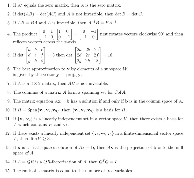 true or false 1. If A' equals the zero