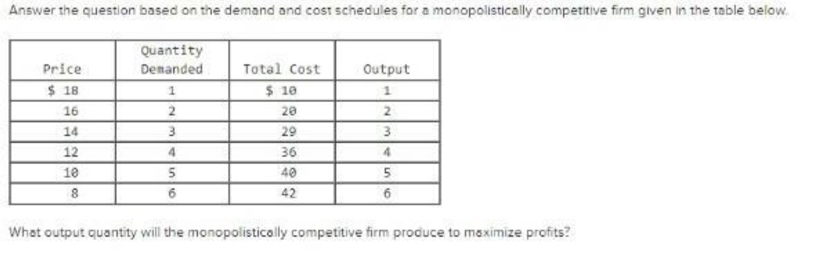 Answer the question based on the demand and cost