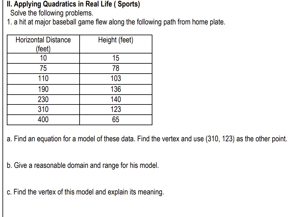 ll. Applying Quadratics in Real Life ( Sports)