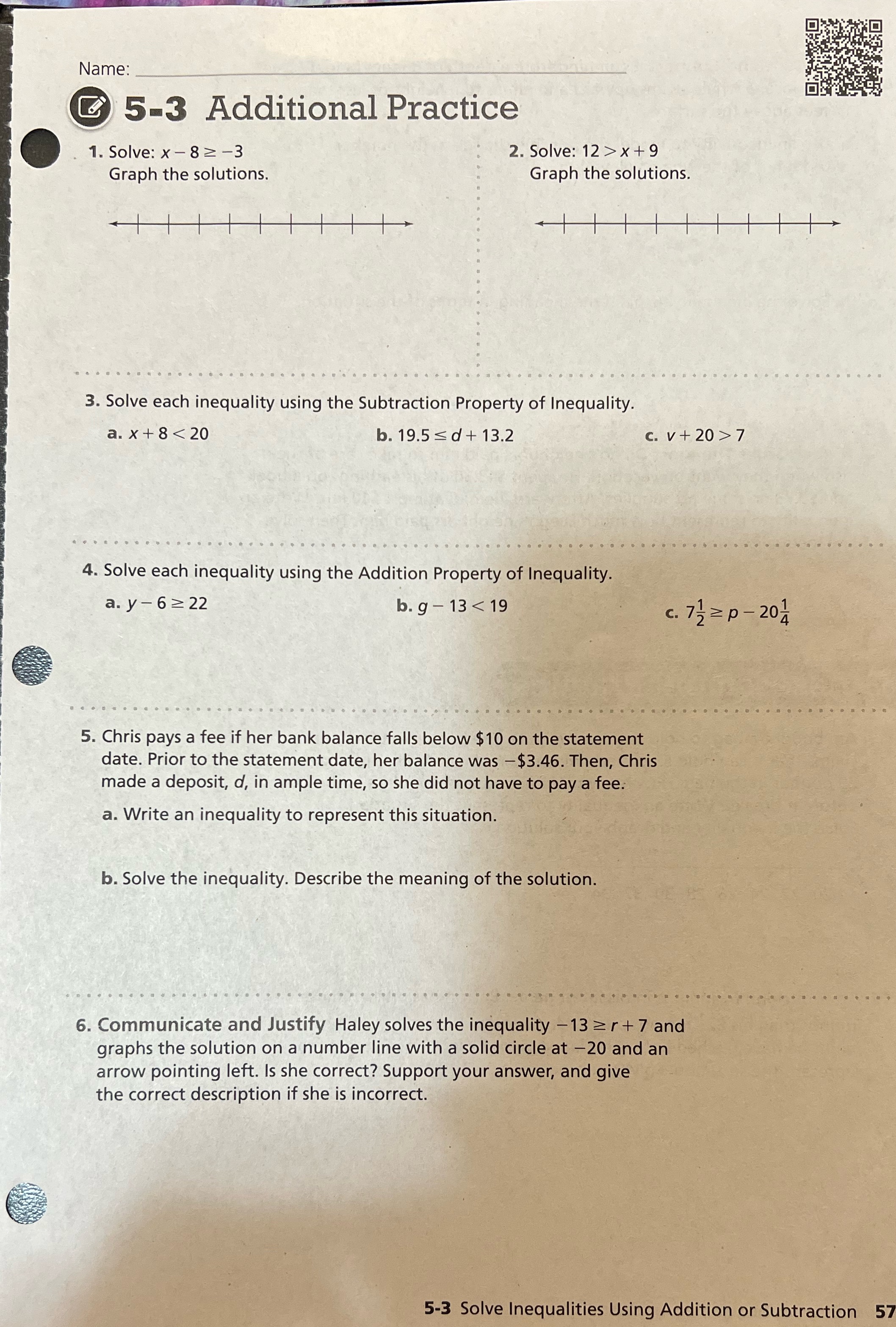 Name: 5-3 Additional Practice 1. Solve: x - 82 -3