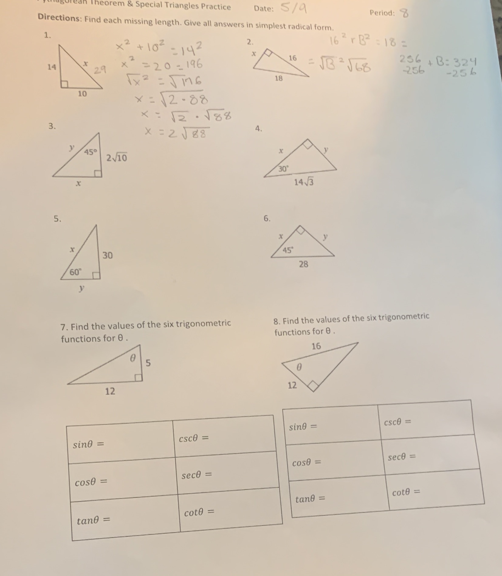 help heorem & Special Triangles Practice Date: 5/