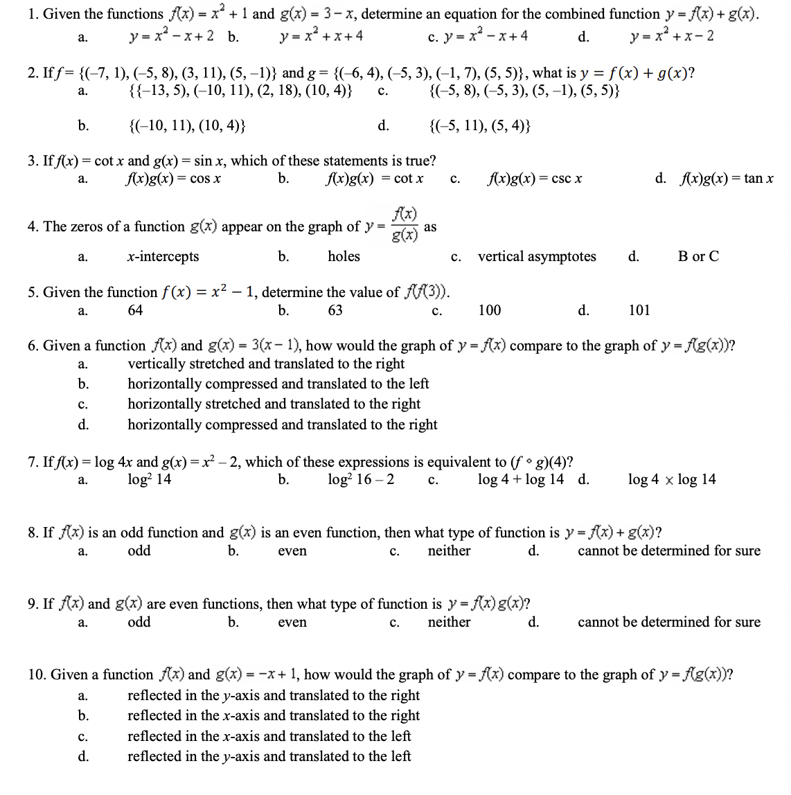 1. Given the functions x) = x2 + 1 and g(x) = 3 -