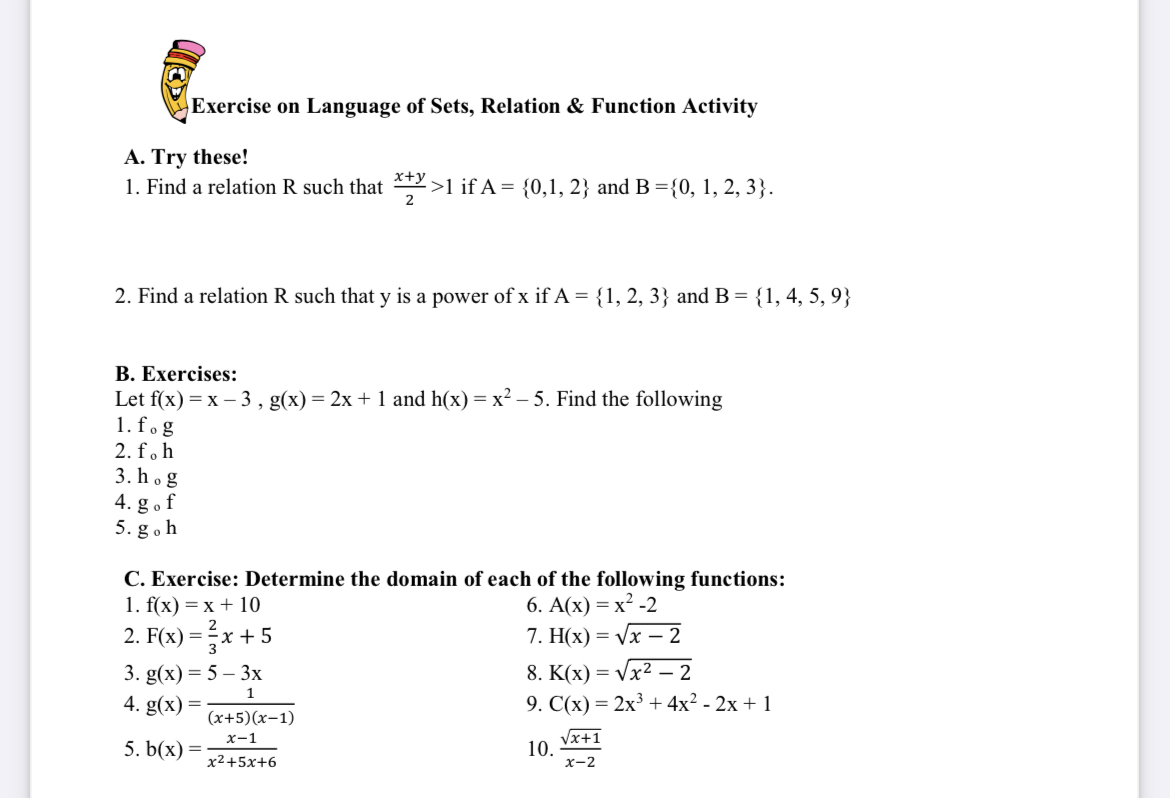 Exercise on Language of Sets, Relation & Function