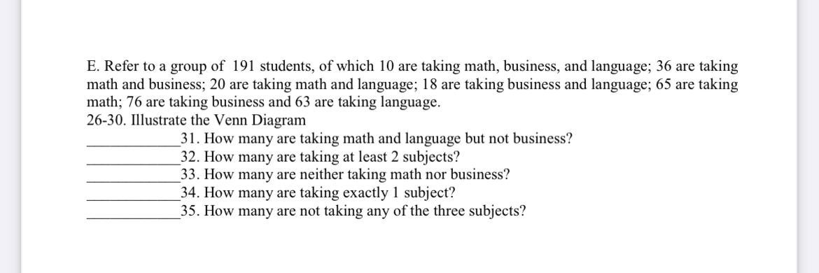 Exercise on Language of Sets, Relation & Function
